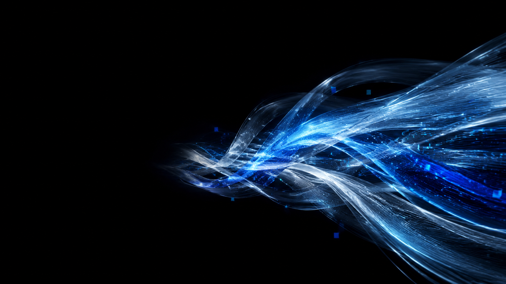 Abstract blue and silver data ribbons flowing through dark space